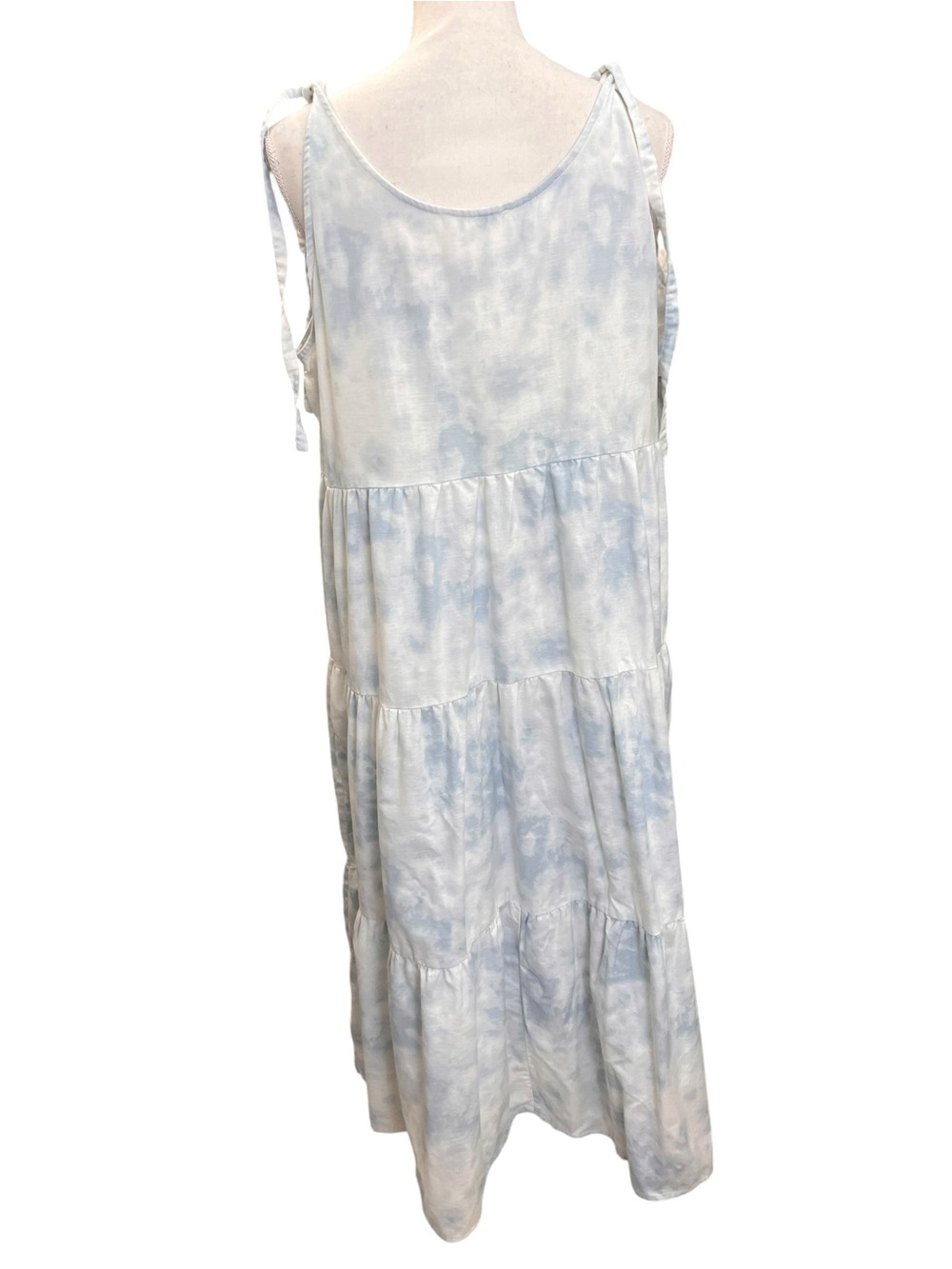 Beach Lunch Lounge Blue Tie Dye Linen Blend Tiered Midi Dress XL Adjustable - Picture 5 of 11